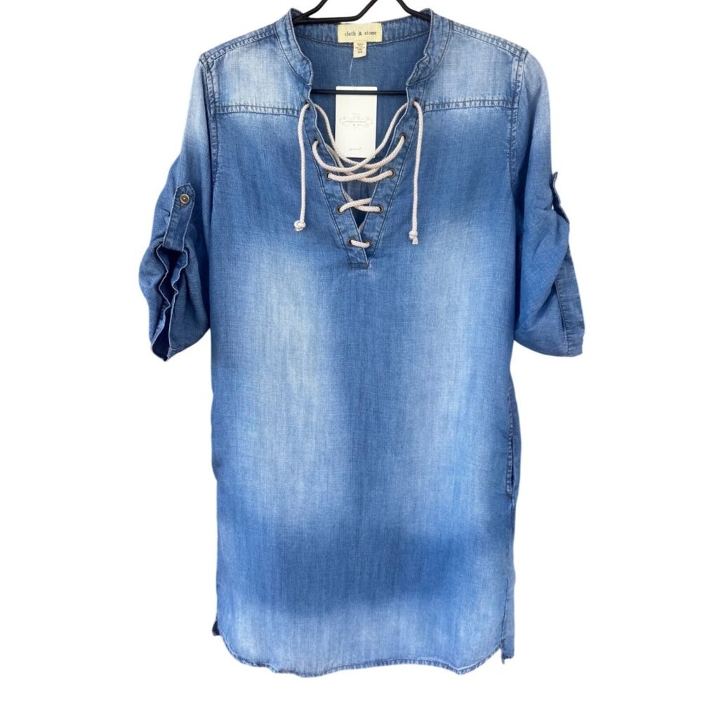 Cloth & Stone Anthropologie Dress XS Lace-Up Chambray Denim Tencel Tunic Top